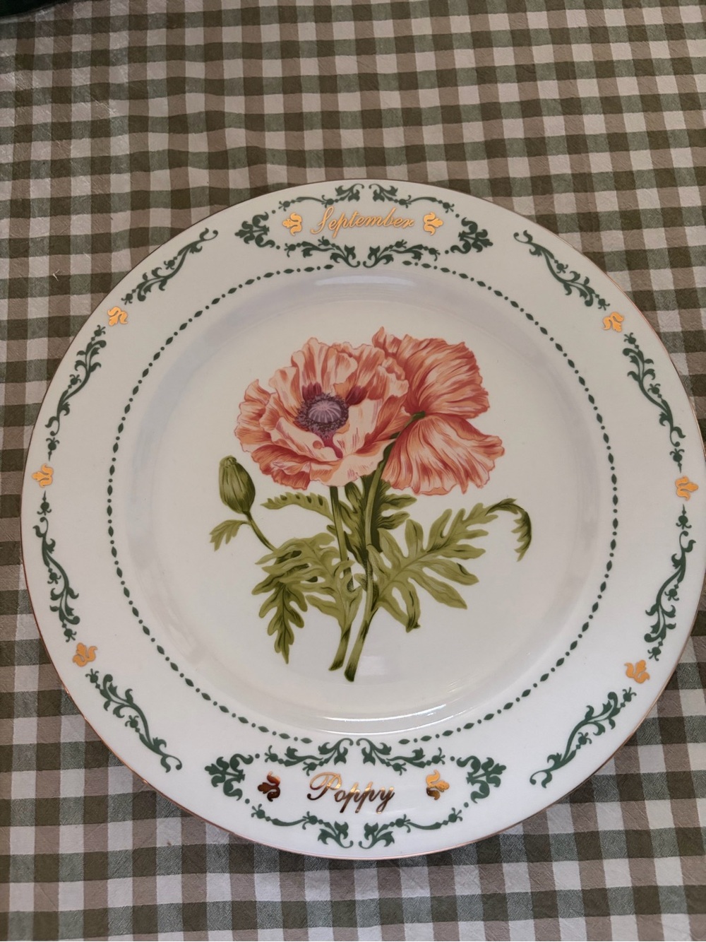 Poppy Floral Dinner Plate in White with Pink Bloom and Green Accents